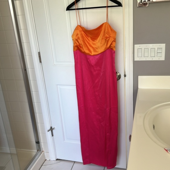 Alice + Olivia Revolve Lilita Satin Maxi Dress High Slit Strappy Neon - Picture 2 of 7